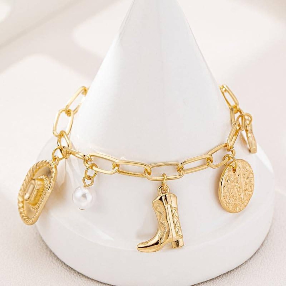 Gold Western Charm Bracelet Cowboy Hat Boot Horse Faux Pearl Paperclip‎ Chain